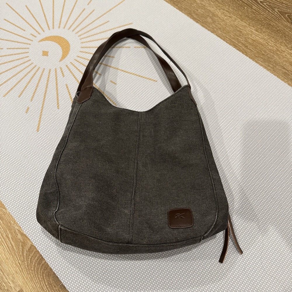 K2 Charcoal Canvas Dual Side-Pocket Center Zip Tote Purse Bag